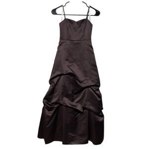 David’s Bridal Truffle Girls 8 Satin Spaghetti Strap w/Pickup Skirt Maxi Dress